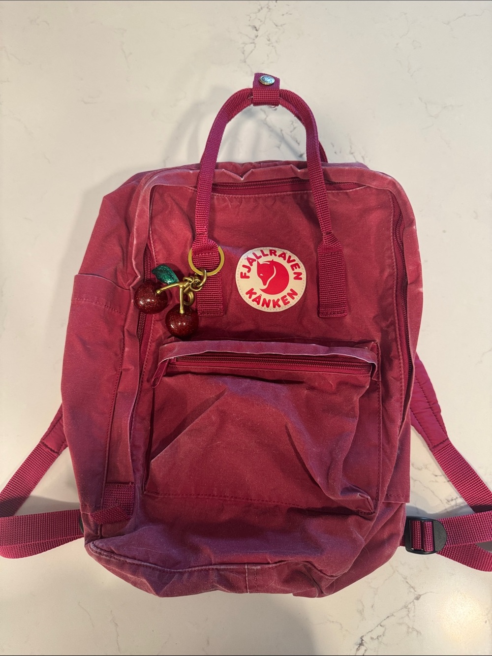 Distressed Kånken Merlot Red 15” Computer Backpack with Glitter Cherry Keychain
